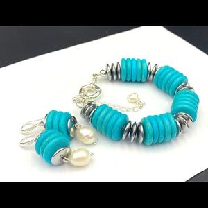 Natural Blue Turquoise Bracelet Earrings set